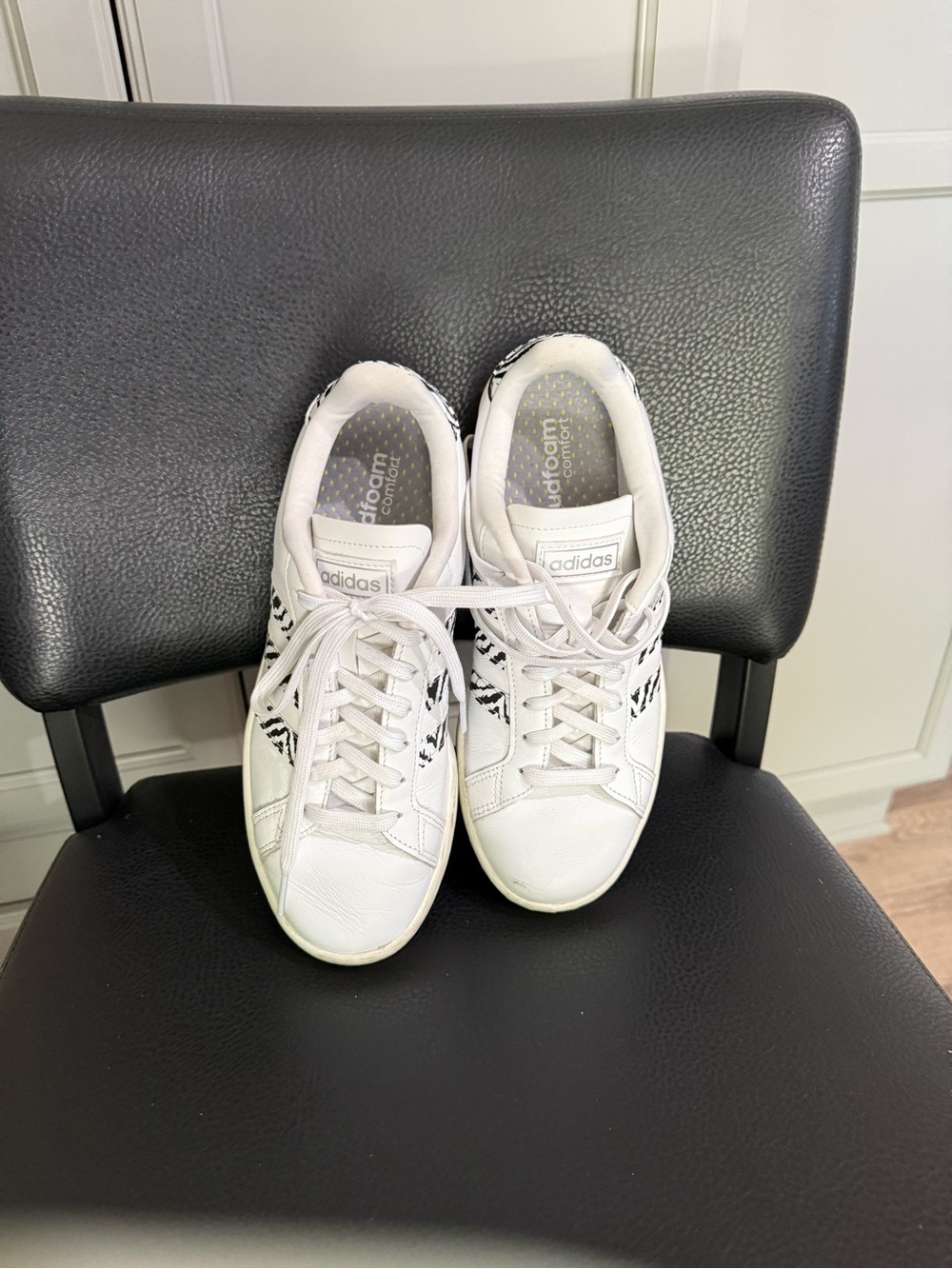 adidas White Sneakers with Black Zebra Stripes